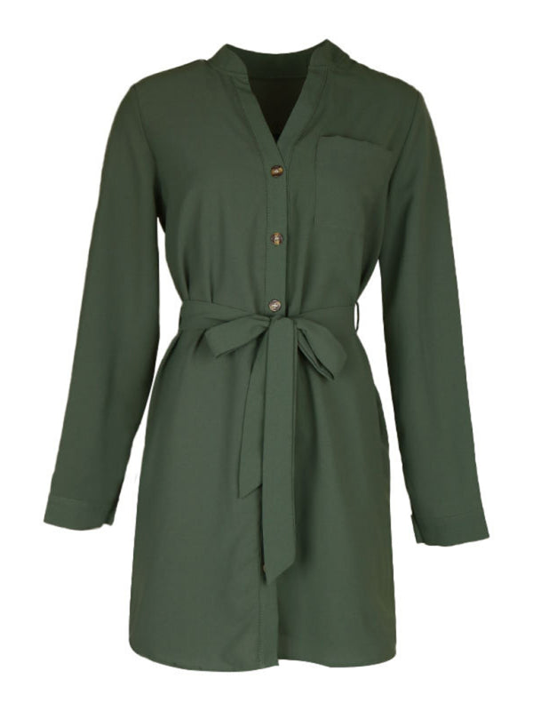 Shirt Dresses- Long Sleeve Belt Tie Shirt Dress- - IndioGear Fashion and Gear