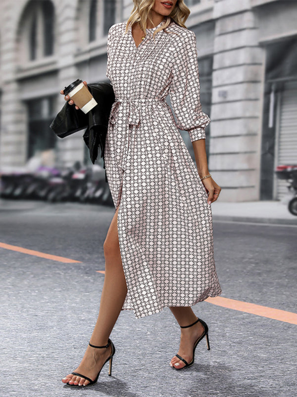 Shirt Dresses- Oversized Belted Shirt Midi Dress with Lantern Sleeve- - IndioGear Fashion and Gear