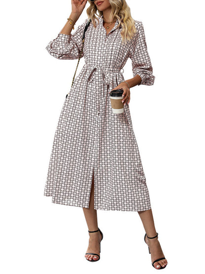 Shirt Dresses- Oversized Belted Shirt Midi Dress with Lantern Sleeve- - IndioGear Fashion and Gear