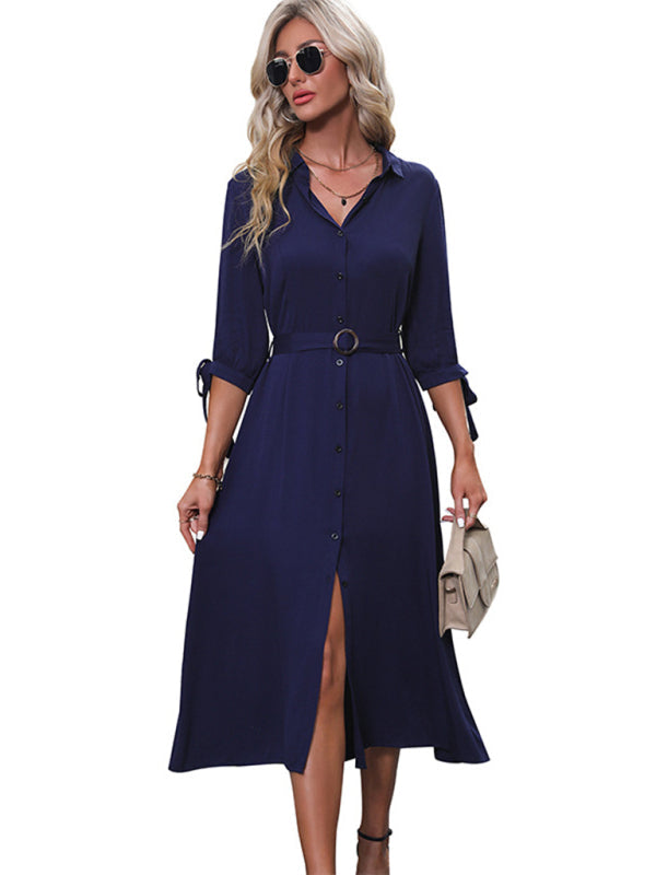 Shirt Dresses- Solid Button-Up 3/4 Sleeve Belted Midi Dress- - IndioGear Fashion and Gear