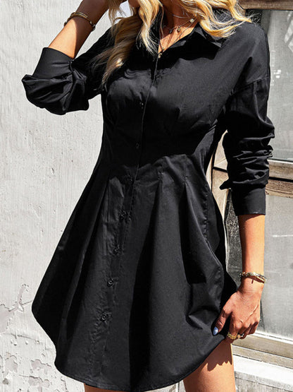 Shirt Dresses- Solid Cotton A-Line Long Sleeve Button Shirt Dress- - IndioGear Fashion and Gear