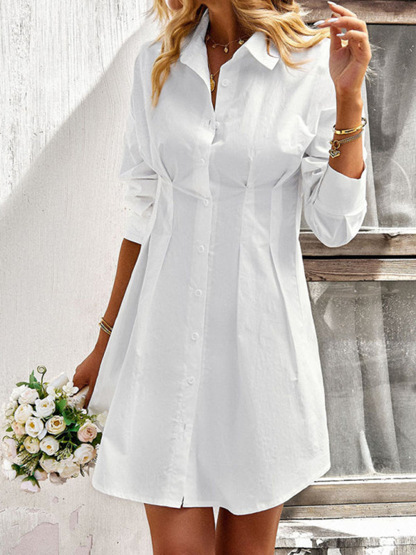 Shirt Dresses- Solid Cotton A-Line Long Sleeve Button Shirt Dress- - IndioGear Fashion and Gear