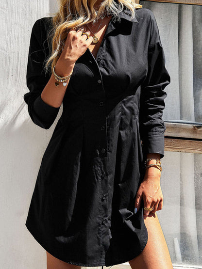 Shirt Dresses- Solid Cotton A-Line Long Sleeve Button Shirt Dress- - IndioGear Fashion and Gear