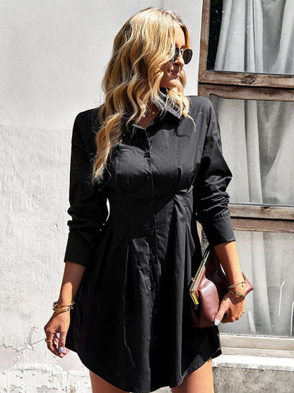 Shirt Dresses- Solid Cotton A-Line Long Sleeve Button Shirt Dress- - IndioGear Fashion and Gear