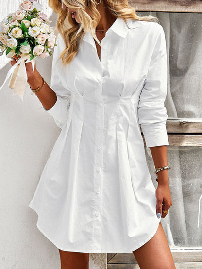 Shirt Dresses- Solid Cotton A-Line Long Sleeve Button Shirt Dress- White- IndioGear Fashion and Gear