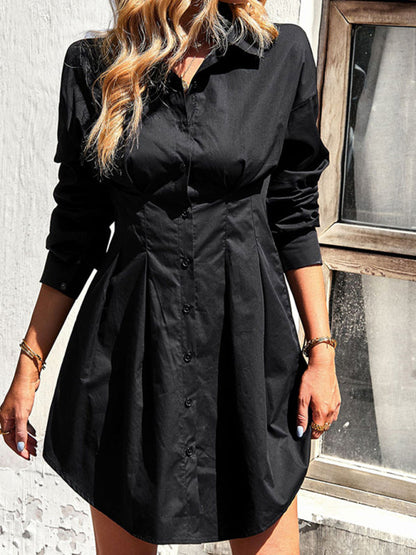 Shirt Dresses- Solid Cotton A-Line Long Sleeve Button Shirt Dress- Black- IndioGear Fashion and Gear