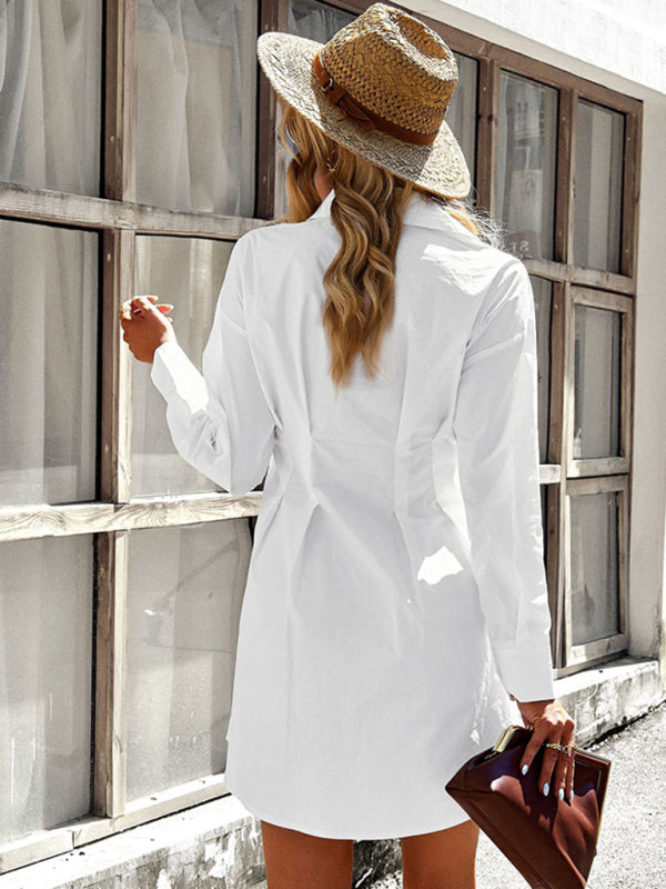 Shirt Dresses- Solid Cotton A-Line Long Sleeve Button Shirt Dress- - IndioGear Fashion and Gear