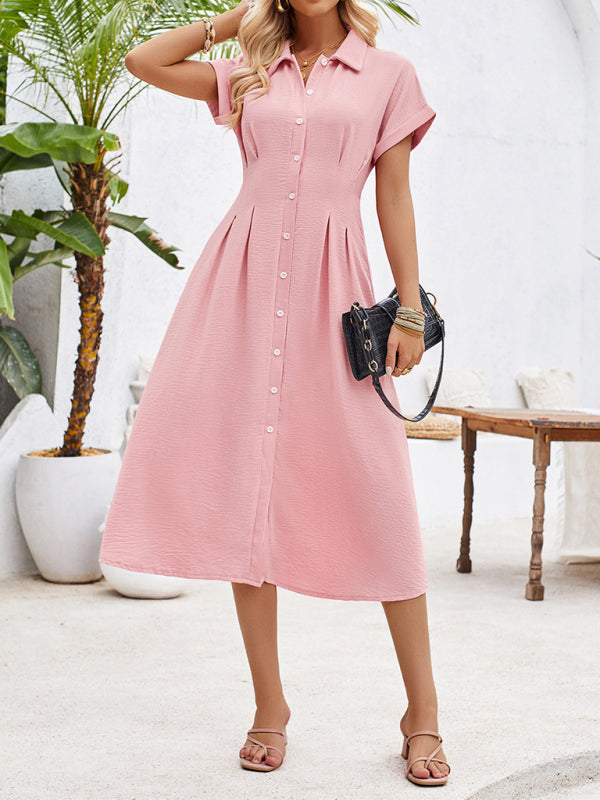 Shirt Dresses- Solid Pleated Button-Up Midi Shirt Dress- - IndioGear Fashion and Gear