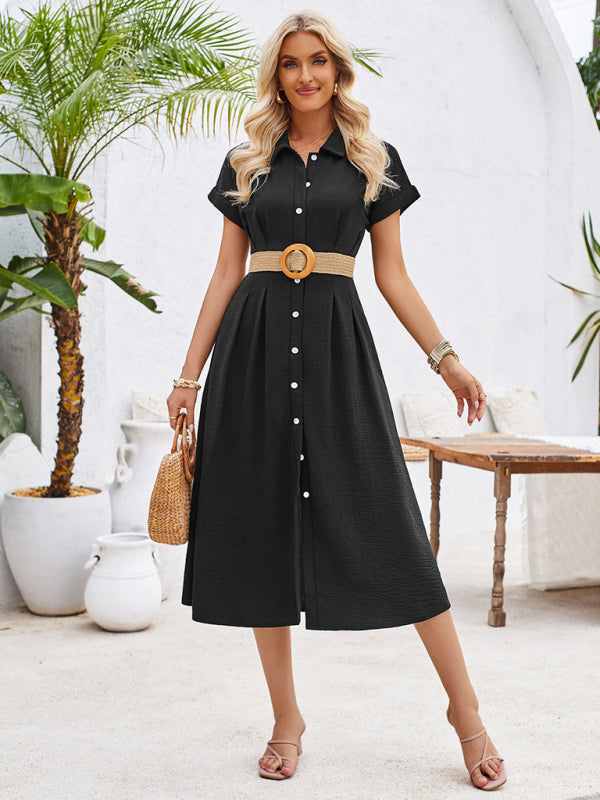 Shirt Dresses- Solid Pleated Button-Up Midi Shirt Dress- - IndioGear Fashion and Gear