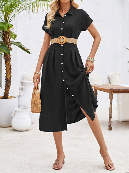 Shirt Dresses- Solid Pleated Button-Up Midi Shirt Dress- - IndioGear Fashion and Gear