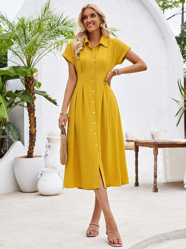 Shirt Dresses- Solid Pleated Button-Up Midi Shirt Dress- - IndioGear Fashion and Gear