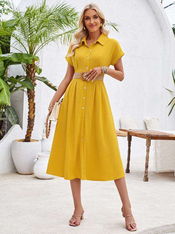 Shirt Dresses- Solid Pleated Button-Up Midi Shirt Dress- - IndioGear Fashion and Gear