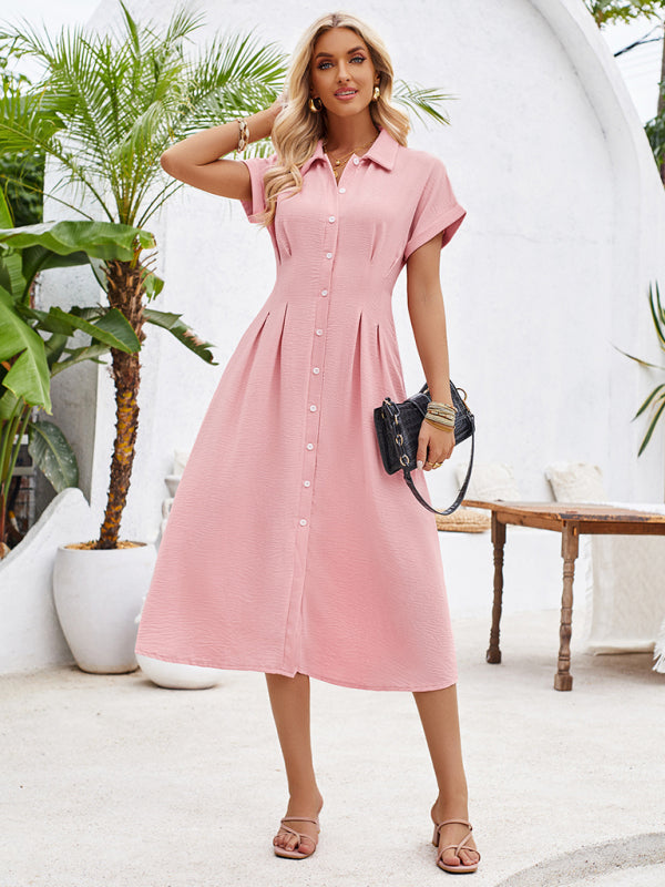 Shirt Dresses- Solid Pleated Button-Up Midi Shirt Dress- - IndioGear Fashion and Gear