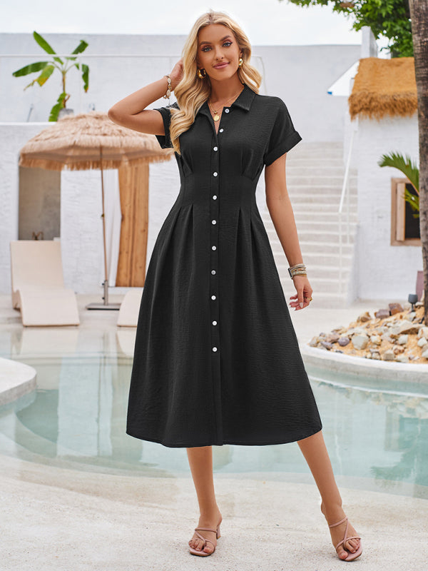 Shirt Dresses- Solid Pleated Button-Up Midi Shirt Dress- - IndioGear Fashion and Gear