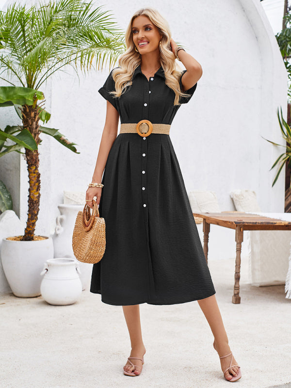 Shirt Dresses- Solid Pleated Button-Up Midi Shirt Dress- - IndioGear Fashion and Gear