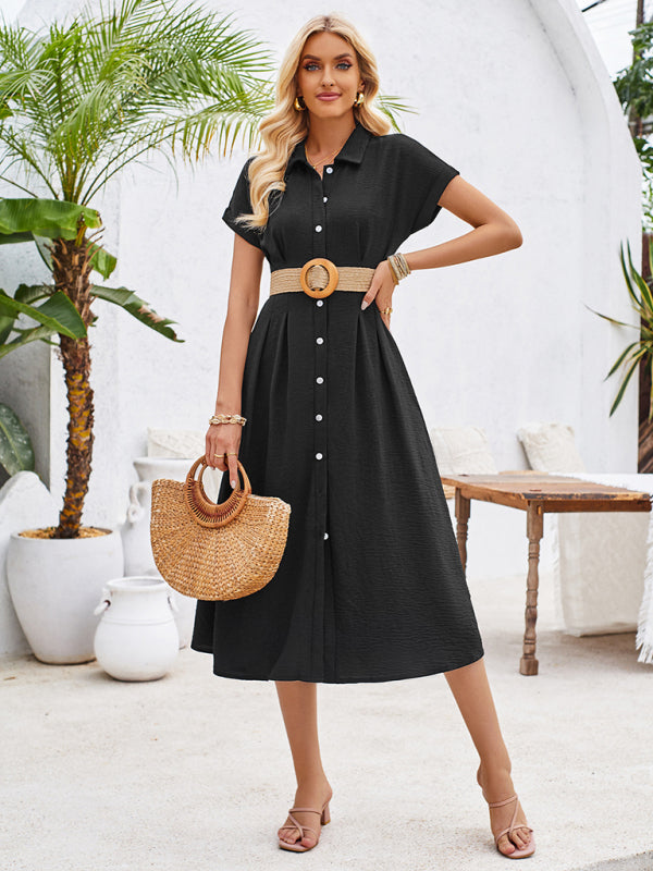 Shirt Dresses- Solid Pleated Button-Up Midi Shirt Dress- Black- IndioGear Fashion and Gear