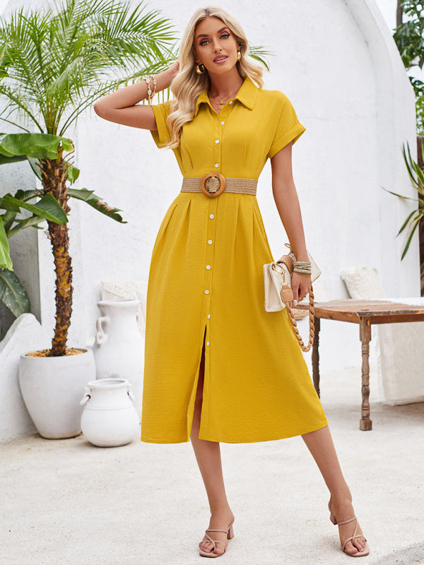 Shirt Dresses- Solid Pleated Button-Up Midi Shirt Dress- Yellow- IndioGear Fashion and Gear