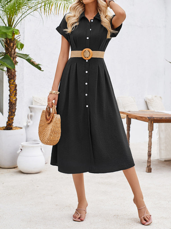 Shirt Dresses- Solid Pleated Button-Up Midi Shirt Dress- - IndioGear Fashion and Gear