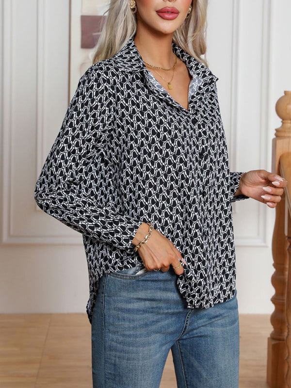 Shirts- All-Printed Collared Button-Up Blouse | Long Sleeves Shirt- - IndioGear Fashion and Gear