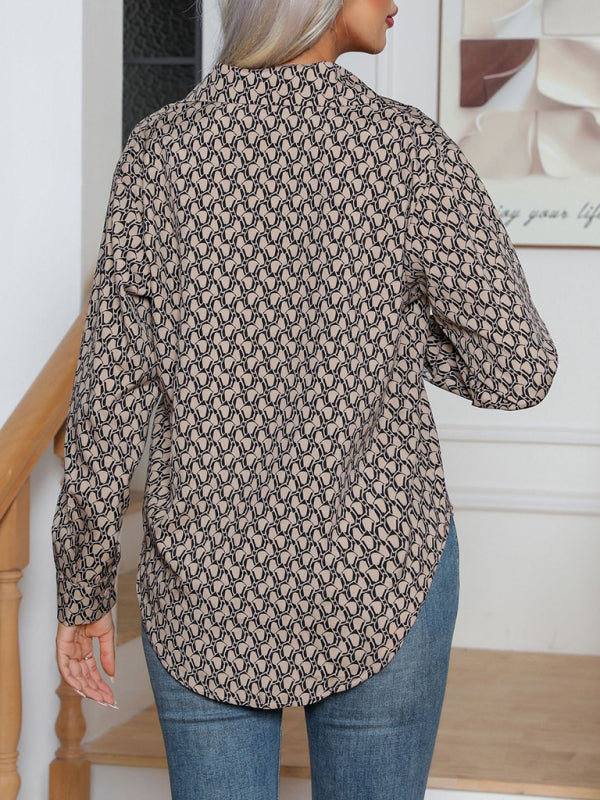 Shirts- All-Printed Collared Button-Up Blouse | Long Sleeves Shirt- - IndioGear Fashion and Gear