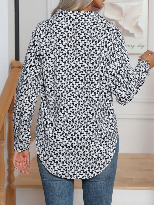 Shirts- All-Printed Collared Button-Up Blouse | Long Sleeves Shirt- - IndioGear Fashion and Gear