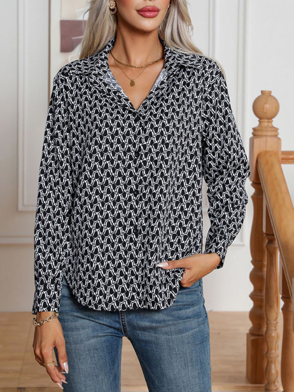 Shirts- All-Printed Collared Button-Up Blouse | Long Sleeves Shirt- - IndioGear Fashion and Gear