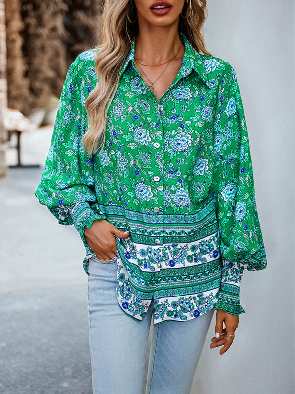 Shirts- Autumn Floral Shirt - Button Blouse with Balloon Sleeves- Green- Pekosa Women Clothing