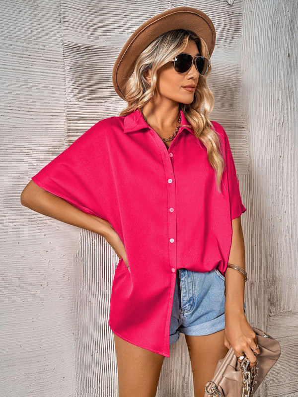 Shirts- Casual Elegance: Women's Short Sleeve Shirt with Button Closure- - IndioGear Fashion and Gear