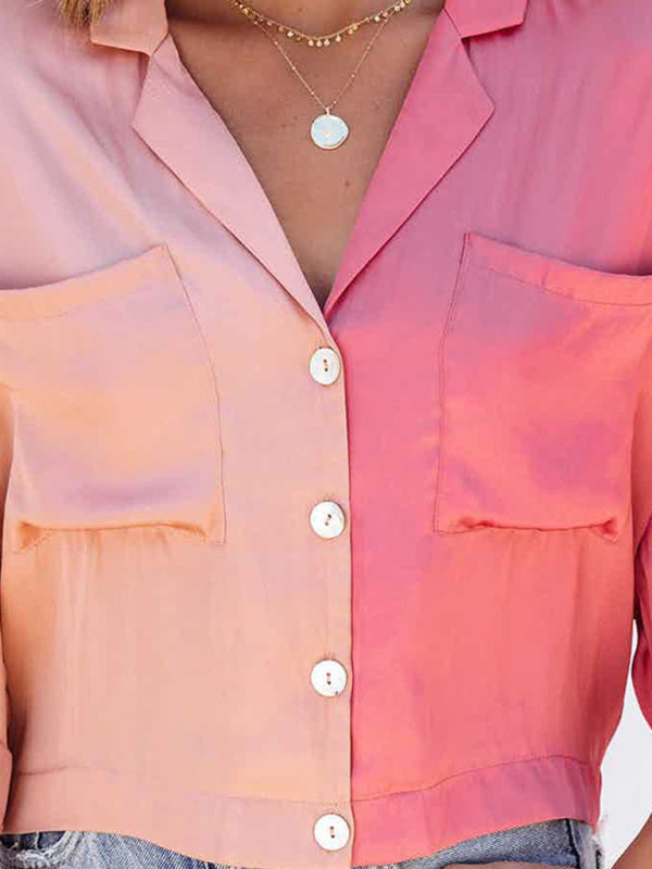 Shirts- Chic & Modern: Women's Button Down Collared Crop Shirt - Patch Pockets- - IndioGear Fashion and Gear