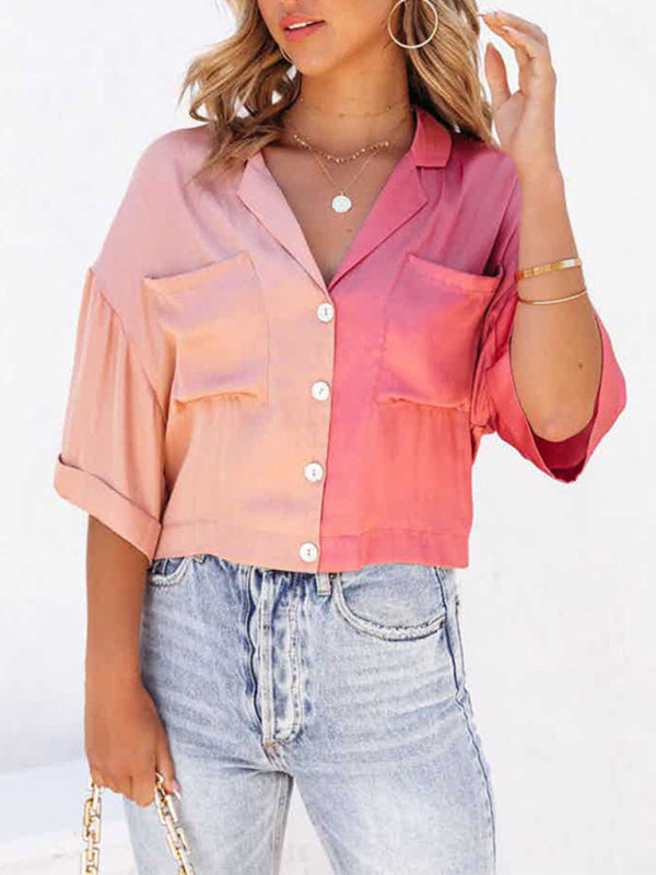 Shirts- Chic & Modern: Women's Button Down Collared Crop Shirt - Patch Pockets- Pink- IndioGear Fashion and Gear