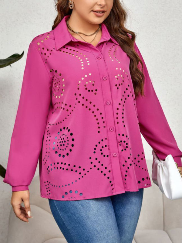 Shirts- Curvy Solid Holes Button-Up Long Sleeves Shirt for Women- - IndioGear Fashion and Gear