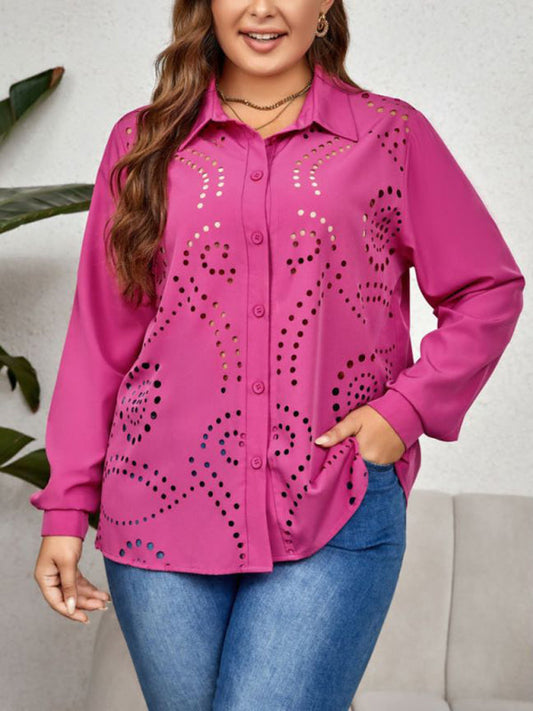 Shirts- Curvy Solid Holes Button-Up Long Sleeves Shirt for Women- Rose- IndioGear Fashion and Gear