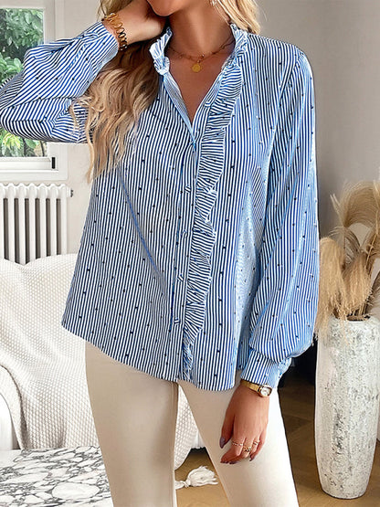 Shirts-Elegant Vertical Stripe Blouse | Long Sleeves, Frill Accents, Button-Up Shirt-Pekosa Women Clothing