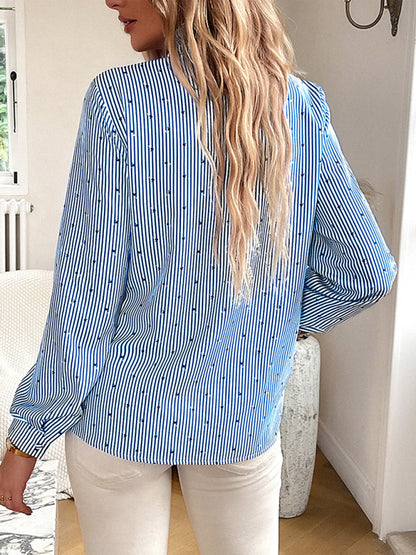 Shirts-Elegant Vertical Stripe Blouse | Long Sleeves, Frill Accents, Button-Up Shirt-Pekosa Women Clothing