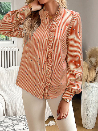 Shirts-Elegant Vertical Stripe Blouse | Long Sleeves, Frill Accents, Button-Up Shirt-Pekosa Women Clothing