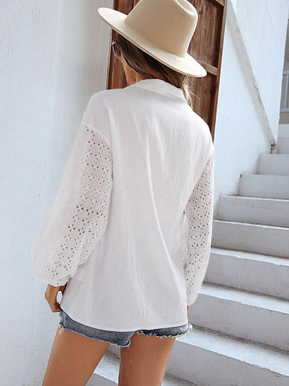 Shirts- Eyelet Long Sleeve Collared Shirt - Solid Button-Up Blouse- - IndioGear Fashion and Gear