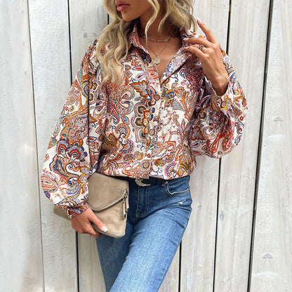 Shirts- Fancy Paisley Floral Shirt - Balloon Sleeves, Button-Down Tunic Top- - Pekosa Women Clothing