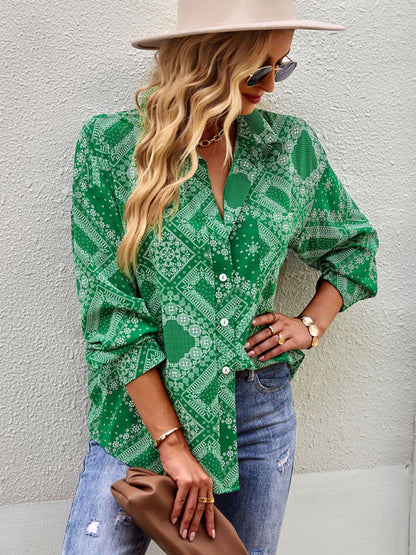 Shirts- Geometric Bandana Print Shirt - Button Down Long Sleeve Top- Green- Pekosa Women Clothing