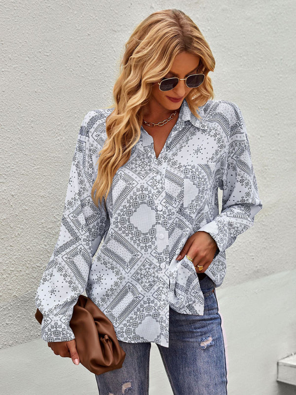 Shirts- Geometric Bandana Print Shirt - Button Down Long Sleeve Top- - Pekosa Women Clothing