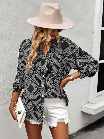 Shirts- Geometric Bandana Print Shirt - Button Down Long Sleeve Top- - Pekosa Women Clothing