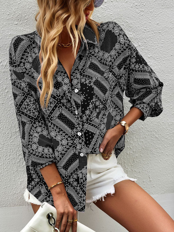 Shirts- Geometric Bandana Print Shirt - Button Down Long Sleeve Top- - Pekosa Women Clothing