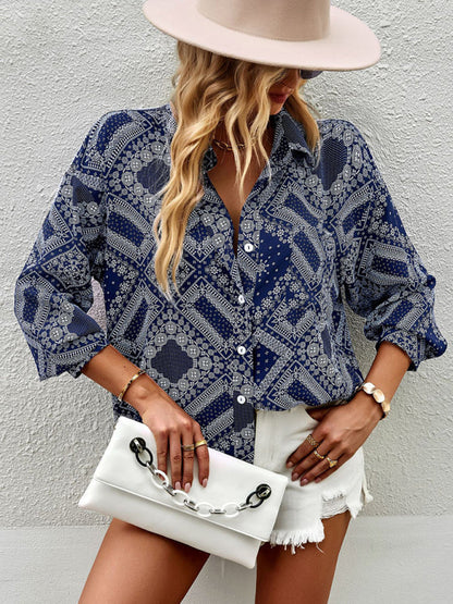 Shirts- Geometric Bandana Print Shirt - Button Down Long Sleeve Top- Navy blue- Pekosa Women Clothing