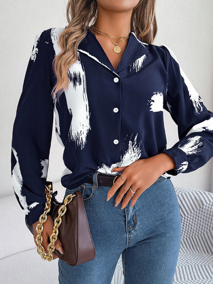 Shirts- High-Fashion Inspired Blouse - Notch Lapels, Button-Down Top- Purplish blue navy- Pekosa Women Clothing