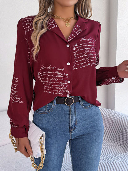 Shirts- Letter Print Shirt - Notch Collar, Long Sleeve, Button-Down Blouse- - Pekosa Women Clothing