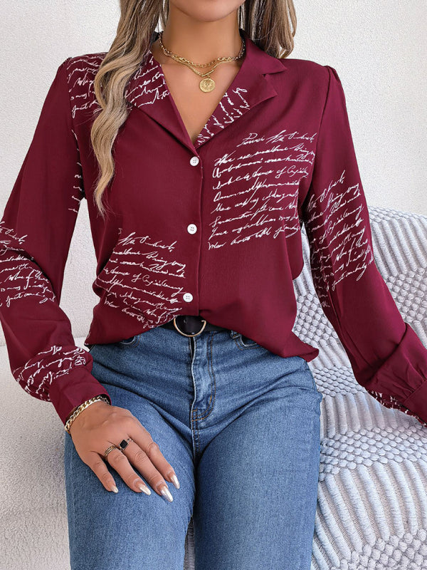 Shirts- Letter Print Shirt - Notch Collar, Long Sleeve, Button-Down Blouse- - Pekosa Women Clothing