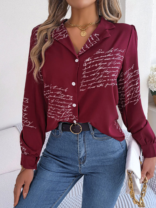 Shirts- Letter Print Shirt - Notch Collar, Long Sleeve, Button-Down Blouse- - Pekosa Women Clothing