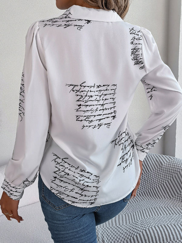 Shirts- Letter Print Shirt - Notch Collar, Long Sleeve, Button-Down Blouse- - Pekosa Women Clothing