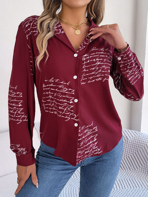 Shirts- Letter Print Shirt - Notch Collar, Long Sleeve, Button-Down Blouse- Wine Red- Pekosa Women Clothing