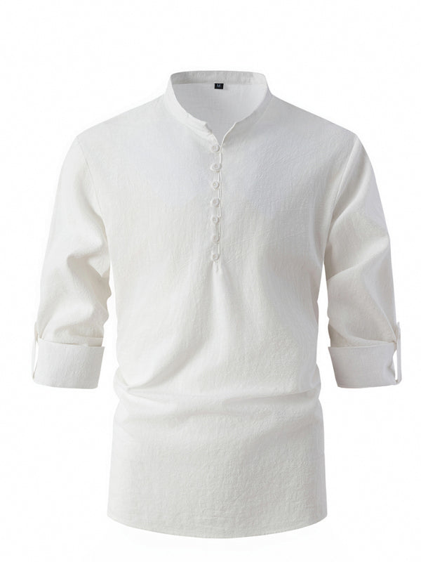 T-shirt Henley en coton texturé pour hommes - Chemise à manches retroussées coupe musclée