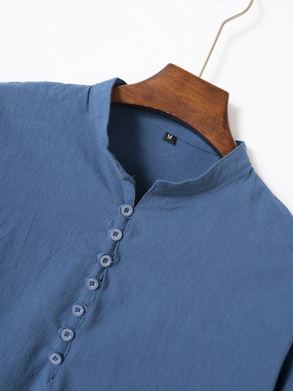 Men’s Texture Cotton Henley T-Shirt - Muscle Fit Roll-Up Sleeves Shirt